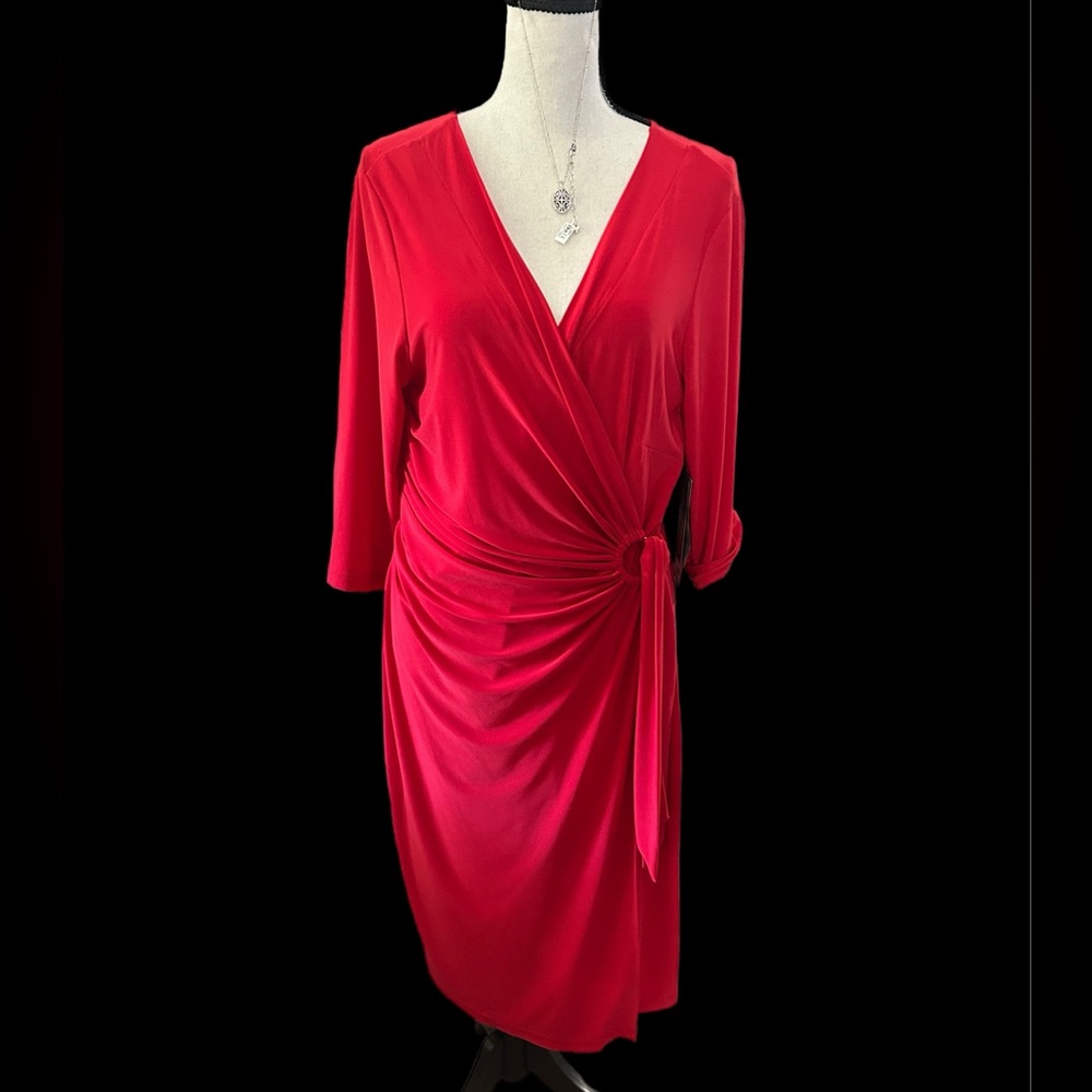 Wrap Dress Lemmi for Nina Leonard NWT RED Poly/Spandex Size Lrg Gold Belt Loop - Picture 4 of 14